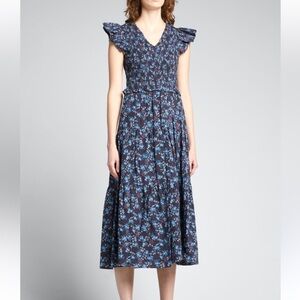 SEA NY Tilly Smocked Floral Tiered Midi Dress Pockets Flutter Sleeves Ruffle 10
